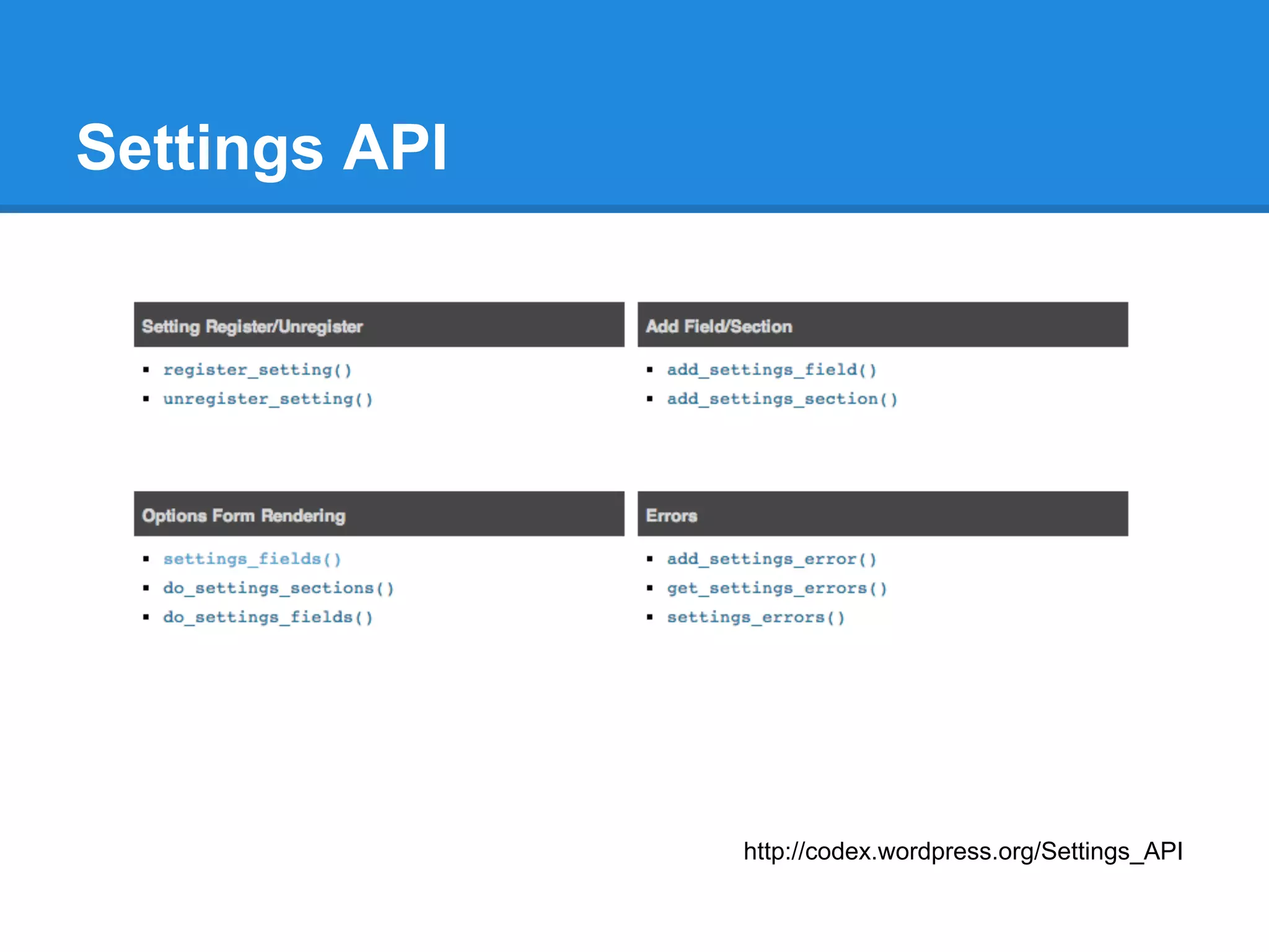 Settings API




               http://codex.wordpress.org/Settings_API
 