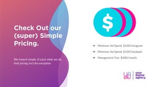 Check Out our
(super) Simple
Pricing.
We keep it simple. It’s just what we do.
And pricing isn’t the exception
➔ Minimum Ad Spend: $100 Instagram
➔ Minimum Ad Spend: $100 Facebook
➔ Management Fee: $400/month
 