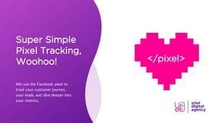 Super Simple
Pixel Tracking,
Woohoo!
We use the Facebook pixel to
track your customer journey,
your leads, and dive deeper into
your metrics.
</pixel>
 