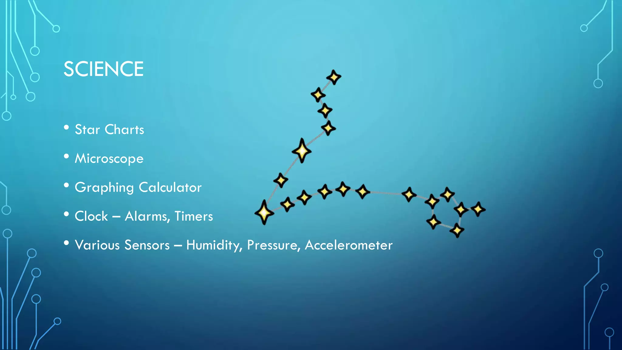 SCIENCE
• Star Charts
• Microscope
• Graphing Calculator
• Clock – Alarms, Timers
• Various Sensors – Humidity, Pressure, Accelerometer

 