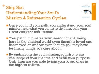 + Step Six:
UnderstandingYour Soul’s
Mission & Reinvention Cycles
n Once you find your path, you understand your soul
mission and what you came to do. It reveals your
Great Work for this lifetime.
n Your path illuminates your reason for still being
here in the physical world even though a loved one
has moved on and/or even though you may have
lost many things you care about.
n By embracing the soul mission, you rise to the
challenge of your lifetime and fulfill your purpose.
Only then are you able to join your loved ones in
the highest realms.
37
 