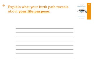 + Explain what your birth path reveals
about your life purpose:
_________________________________
_________________________________
_________________________________
_________________________________
_________________________________
_________________________________
_________________________________
_________________________________
45
 