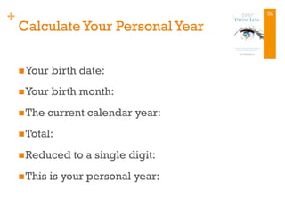 +
Calculate Your PersonalYear
n Your birth date:
n Your birth month:
n The current calendar year:
n Total:
n Reduced to a single digit:
n This is your personal year:
50
 