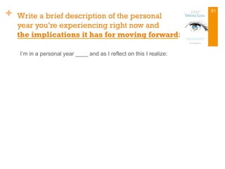 + Write a brief description of the personal
year you’re experiencing right now and
the implications it has for moving forward:
I’m in a personal year ____ and as I reflect on this I realize:
51
 