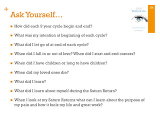 +
Ask Yourself…
n  How did each 9 year cycle begin and end?
n  What was my intention at beginning of each cycle?
n  What did I let go of at end of each cycle?
n  When did I fall in or out of love? When did I start and end careers?
n  When did I have children or long to have children?
n  When did my loved ones die?
n  What did I learn?
n  What did I learn about myself during the Saturn Return?
n  When I look at my Saturn Returns what can I learn about the purpose of
my pain and how it fuels my life and great work?
54
 
