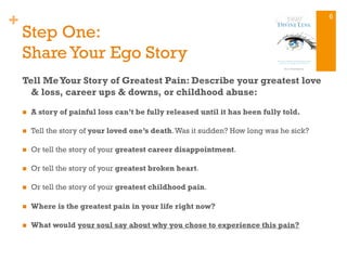 +
Step One:
Share Your Ego Story
Tell MeYour Story of Greatest Pain: Describe your greatest love
& loss, career ups & downs, or childhood abuse:
n  A story of painful loss can’t be fully released until it has been fully told.
n  Tell the story of your loved one’s death.Was it sudden? How long was he sick?
n  Or tell the story of your greatest career disappointment.
n  Or tell the story of your greatest broken heart.
n  Or tell the story of your greatest childhood pain.
n  Where is the greatest pain in your life right now?
n  What would your soul say about why you chose to experience this pain?
6
 