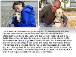 Our mission is to developing, providing and facilitating programs and
services that support and enhance the physical, emotional and
intellectual functioning of people who are visually impaired and blind.
Guide dogs, a type of assistance dog are trained to help people in life
with disabilities. Guide dogs assist blind and visually impaired people by
avoiding obstacles, stopping at curbs and steps and negotiating traffic.
The harness and U-shaped handle fosters communication between the
dog and blind partner. In this partnership the human's role is to provide
directional commands, while the dogs role is to insure the team's safety
even if this requires disobeying an unsafe command.

 