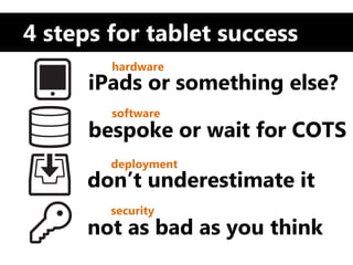 4 steps for tablet success
        hardware
      iPads or something else?
        software
      bespoke or wait for COTS
        deployment
      don’t underestimate it
        security
      not as bad as you think
 