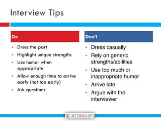 Interview Tips
▪ Dress the part
▪ Highlight unique strengths
▪ Use humor when
appropriate
▪ Allow enough time to arrive
early (not too early)
▪ Ask questions
▪ Dress casually
▪ Rely on generic
strengths/abilities
▪ Use too much or
inappropriate humor
▪ Arrive late
▪ Argue with the
interviewer
Do Don’t
 