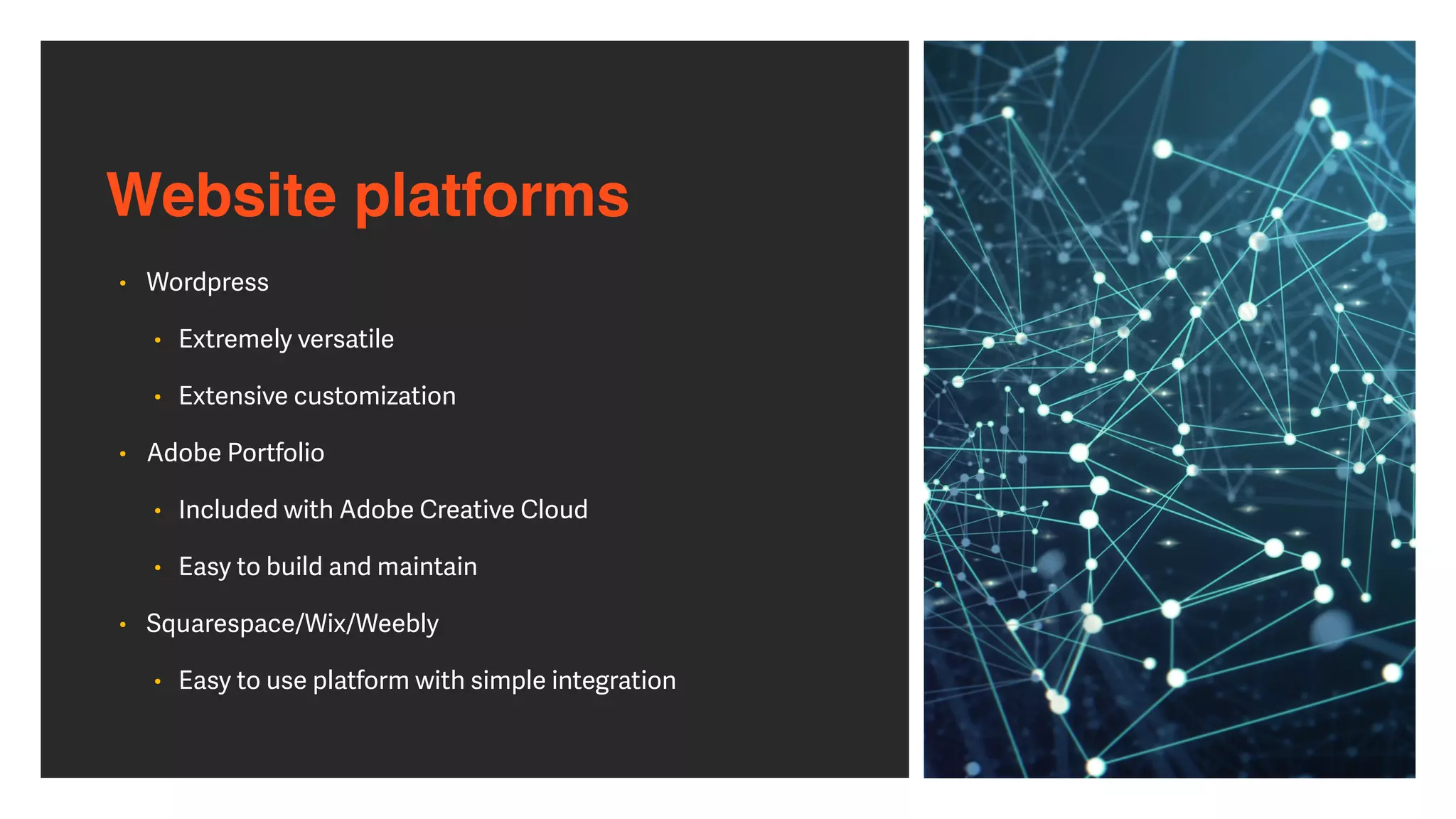 Website platforms
• Wordpress


• Extremely versatile


• Extensive customization


• Adobe Portfolio


• Included with Adobe Creative Cloud


• Easy to build and maintain


• Squarespace/Wix/Weebly


• Easy to use platform with simple integration
 