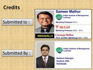 Credits
Submitted to :
Submitted By :
Nadeem Natrajan
Student, IIML
PGP30148
 