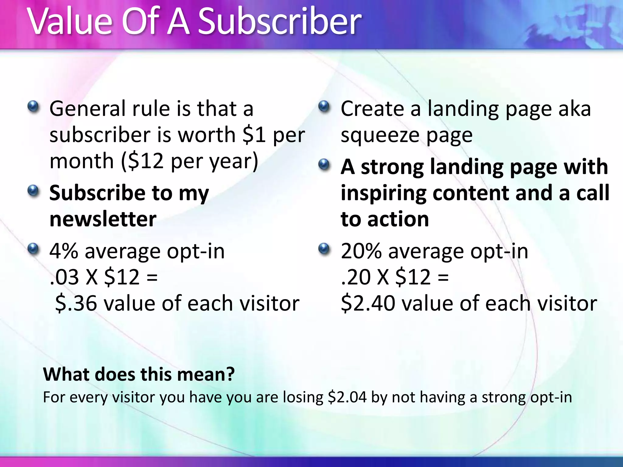 Value Of A Subscriber
General rule is that a
subscriber is worth $1 per
month ($12 per year)
Subscribe to my
newsletter
4% average opt-in
.03 X $12 =
$.36 value of each visitor
Create a landing page aka
squeeze page
A strong landing page with
inspiring content and a call
to action
20% average opt-in
.20 X $12 =
$2.40 value of each visitor
What does this mean?
For every visitor you have you are losing $2.04 by not having a strong opt-in
 