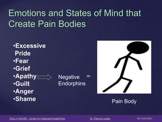 HOLLY HOUSE Center for Integrated HealthCare Dr. Patricia Lawler 651.645.6951 
Emotions and States of Mind that Create Pain Bodies 
•Excessive Pride 
•Fear 
•Grief 
•Apathy 
•Guilt 
•Anger 
•Shame 
= 
Pain Body 
Negative Endorphins  