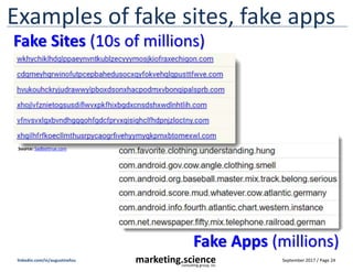 September 2017 / Page 24marketing.scienceconsulting group, inc.
linkedin.com/in/augustinefou
Examples of fake sites, fake apps
Fake Sites (10s of millions)
Source: Sadbottrue.com
Fake Apps (millions)
 