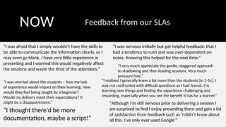 NOW Feedback from our SLAs
“I was afraid that I simply wouldn’t have the skills to
be able to communicate the information clearly, or I
may even go blank. I have very little experience in
presenting and I worried this would negatively affect
the sessions and waste the time of the attendees.”
“I was worried about the students – how my lack
of experience would impact on their learning. How
would they feel being taught by a beginner?
Would my delivery meet their expectations? It
might be a disappointment.”
“I thought there'd be more
documentation, maybe a script!”
“I was nervous initially but got helpful feedback: that I
had a tendency to rush and was over-dependent on
notes. Knowing this helped for the next time.”
“I realised I generally knew a lot more than the students [in 1-1s]. I
was not confronted with difficult questions as I had feared. I'm
learning new things and finding the experience challenging and
rewarding, especially when you see the benefit it has for a learner.”
“Although I’m still nervous prior to delivering a session I
am surprised to find I enjoy presenting them and gain a lot
of satisfaction from feedback such as ‘I didn’t know about
all this. I’ve only ever used Google’”
“I very much appreciate the gentle, staggered approach
to shadowing and then leading sessions. Very much
pressure free.”
 