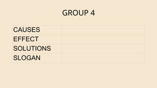 GROUP 4
CAUSES
EFFECT
SOLUTIONS
SLOGAN
 