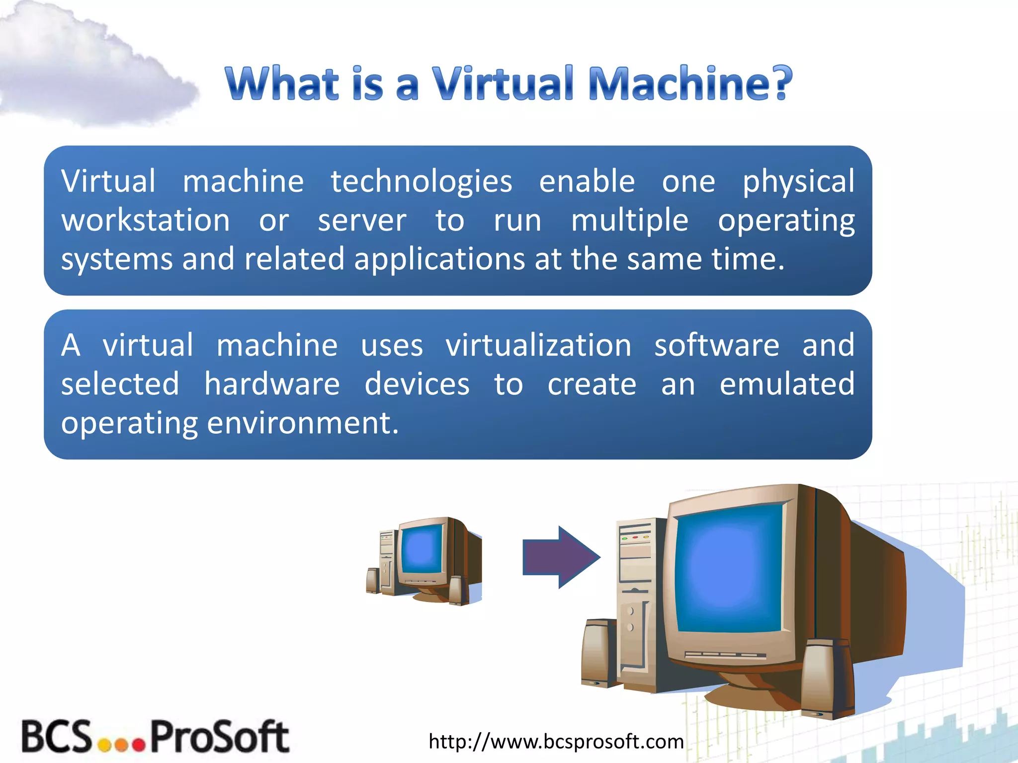 Virtual machine technologies enable one physical
workstation or server to run multiple operating
systems and related applications at the same time.

A virtual machine uses virtualization software and
selected hardware devices to create an emulated
operating environment.




                       http://www.bcsprosoft.com
 