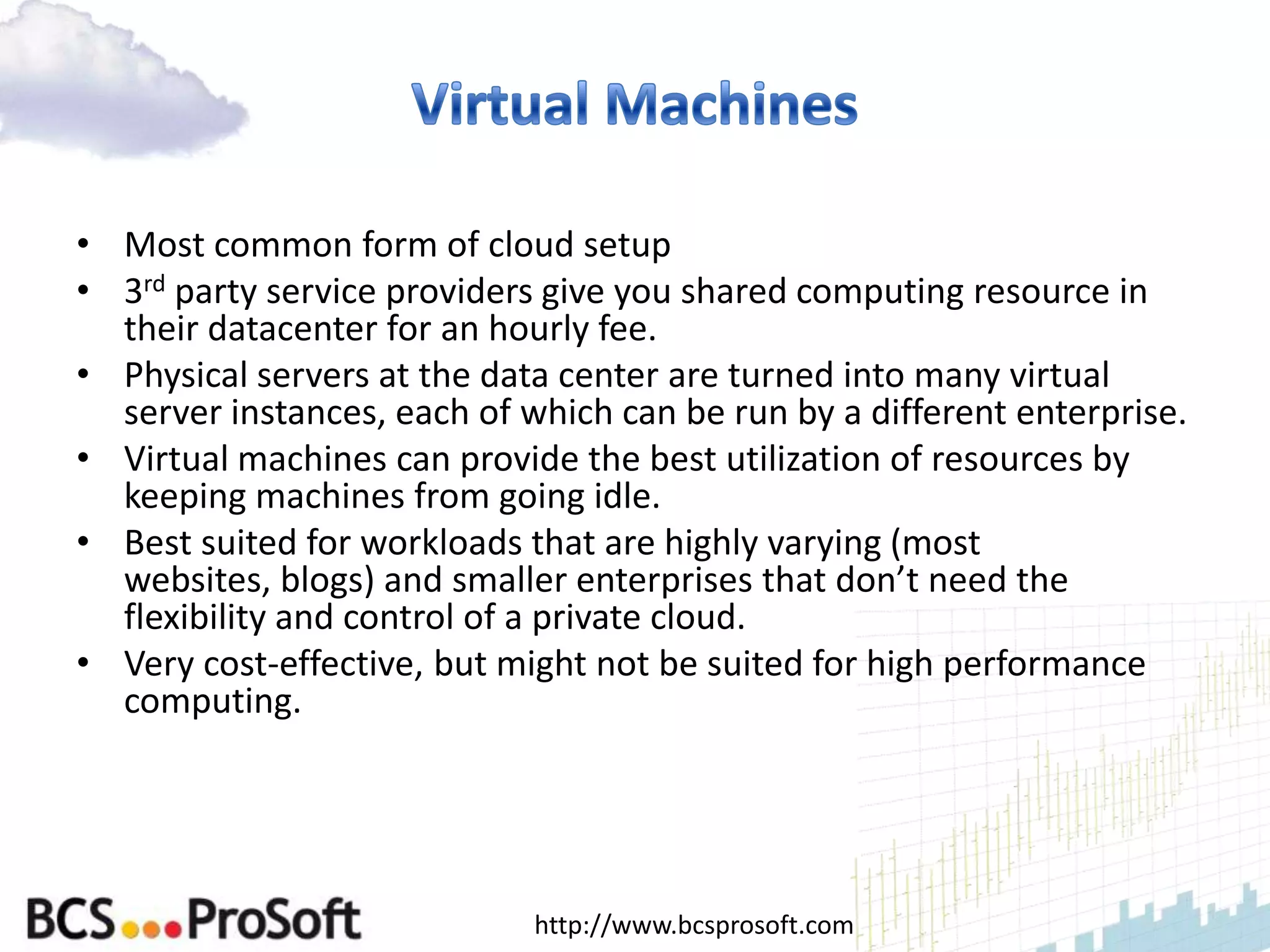 • Most common form of cloud setup
• 3rd party service providers give you shared computing resource in
  their datacenter for an hourly fee.
• Physical servers at the data center are turned into many virtual
  server instances, each of which can be run by a different enterprise.
• Virtual machines can provide the best utilization of resources by
  keeping machines from going idle.
• Best suited for workloads that are highly varying (most
  websites, blogs) and smaller enterprises that don’t need the
  flexibility and control of a private cloud.
• Very cost-effective, but might not be suited for high performance
  computing.




                             http://www.bcsprosoft.com
 