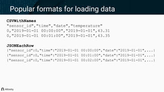 CSVWithNames
"sensor_id","time","date","temperature"
0,"2019-01-01 00:00:00","2019-01-01",43.31
0,"2019-01-01 00:01:00","2019-01-01",43.35
JSONEachRow
{"sensor_id":0,"time":"2019-01-01 00:00:00","date":"2019-01-01",...}
{"sensor_id":0,"time":"2019-01-01 00:01:00","date":"2019-01-01",...}
{"sensor_id":0,"time":"2019-01-01 00:02:00","date":"2019-01-01",...}
Popular formats for loading data
 