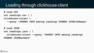 # Load CSV
cat readings.csv | 
clickhouse-client 
--query "INSERT INTO meetup.readings FORMAT CSVWithNames"
# Load JSON
cat readings.json | 
clickhouse-client --query "INSERT INTO meetup.readings
FORMAT JSONEachRow"
Loading through clickhouse-client
 