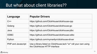 But what about client libraries??
1818
Language Popular Drivers
C++ https://github.com/ClickHouse/clickhouse-cpp
Golang https://github.com/ClickHouse/clickhouse-go
Java https://github.com/ClickHouse/clickhouse-jdbc
ODBC https://github.com/ClickHouse/clickhouse-odbc
Python https://github.com/mymarilyn/clickhouse-driver
PHP and Javascript Use a library listed on ClickHouse.tech *or* roll your own using
the ClickHouse HTTP interface
 