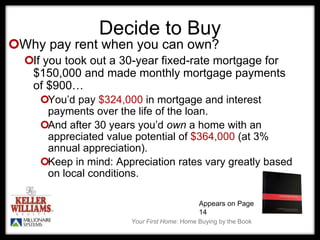 Your First Home: Home Buying by the Book
Decide to Buy
Why pay rent when you can own?
If you took out a 30-year fixed-rate mortgage for
$150,000 and made monthly mortgage payments
of $900…
You’d pay $324,000 in mortgage and interest
payments over the life of the loan.
And after 30 years you’d own a home with an
appreciated value potential of $364,000 (at 3%
annual appreciation).
Keep in mind: Appreciation rates vary greatly based
on local conditions.
Appears on Page
14
 