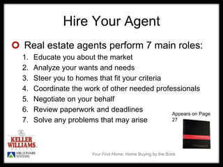 Your First Home: Home Buying by the Book
Hire Your Agent
 Real estate agents perform 7 main roles:
1. Educate you about the market
2. Analyze your wants and needs
3. Steer you to homes that fit your criteria
4. Coordinate the work of other needed professionals
5. Negotiate on your behalf
6. Review paperwork and deadlines
7. Solve any problems that may arise
Appears on Page
27
 