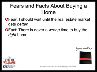 Your First Home: Home Buying by the Book
Fears and Facts About Buying a
Home
Fear: I should wait until the real estate market
gets better.
Fact: There is never a wrong time to buy the
right home.
Appears on Page
7
 