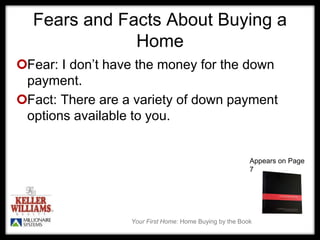 Your First Home: Home Buying by the Book
Fears and Facts About Buying a
Home
Fear: I don’t have the money for the down
payment.
Fact: There are a variety of down payment
options available to you.
Appears on Page
7
 