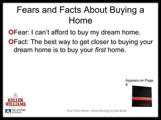 Your First Home: Home Buying by the Book
Fears and Facts About Buying a
Home
Fear: I can’t afford to buy my dream home.
Fact: The best way to get closer to buying your
dream home is to buy your first home.
Appears on Page
8
 