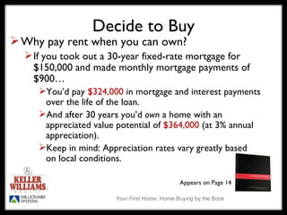 Decide to Buy Why pay rent when you can own? If you took out a 30-year fixed-rate mortgage for $150,000 and made monthly mortgage payments of $900… You’d pay  $324,000  in mortgage and interest payments over the life of the loan.  And after 30 years you’d  own  a home with an appreciated value potential of  $364,000  (at 3% annual appreciation).  Keep in mind: Appreciation rates vary greatly based  on local conditions.  Appears on Page 14 