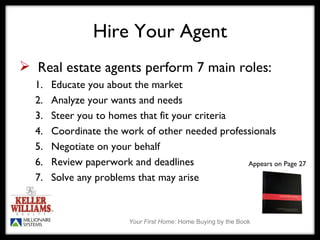 Hire Your Agent Real estate agents perform 7 main roles: 1. Educate you about the market 2. Analyze your wants and needs 3. Steer you to homes that fit your criteria 4. Coordinate the work of other needed professionals 5. Negotiate on your behalf 6. Review paperwork and deadlines 7. Solve any problems that may arise Appears on Page 27 