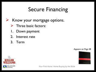 Secure Financing Know your mortgage options. Three basic factors: 1. Down payment 2. Interest rate 3. Term Appears on Page 48 