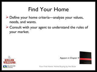 Find Your Home Define your home criteria—analyze your values, needs, and wants. Consult with your agent to understand the rules of your market. Appears in Chapter 4 