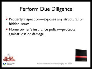Perform Due Diligence Property inspection—exposes any structural or hidden issues. Home owner’s insurance policy—protects against loss or damage. 