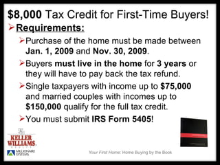 $8,000  Tax Credit for First-Time Buyers! Requirements: Purchase of the home must be made between  Jan. 1, 2009  and  Nov. 30, 2009 .  Buyers  must live in the home  for  3 years  or they will have to pay back the tax refund. Single taxpayers with income up to  $75,000  and married couples with incomes up to  $150,000  qualify for the full tax credit.  You must submit  IRS Form 5405 ! 