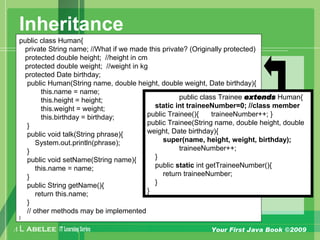 A L ABELEE IT LearningSeries Your First Java Book ©2009
Inheritance
public class Human{
private String name; //What if we made this private? (Originally protected)
protected double height; //height in cm
protected double weight; //weight in kg
protected Date birthday;
public Human(String name, double height, double weight, Date birthday){
this.name = name;
this.height = height;
this.weight = weight;
this.birthday = birthday;
}
public void talk(String phrase){
System.out.println(phrase);
}
public void setName(String name){
this.name = name;
}
public String getName(){
return this.name;
}
// other methods may be implemented
}
public class Trainee extends Human{
static int traineeNumber=0; //class member
public Trainee(){ traineeNumber++; }
public Trainee(String name, double height, double
weight, Date birthday){
super(name, height, weight, birthday);
traineeNumber++;
}
public static int getTraineeNumber(){
return traineeNumber;
}
}
 