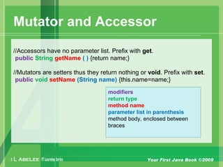 A L ABELEE IT LearningSeries Your First Java Book ©2009
Mutator and Accessor
//Accessors have no parameter list. Prefix with get.
public String getName ( ) {return name;}
//Mutators are setters thus they return nothing or void. Prefix with set.
public void setName (String name) {this.name=name;}
modifiers
return type
method name
parameter list in parenthesis
method body, enclosed between
braces
 