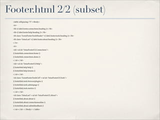 Footer.html 2/2 (subset)
 <table cellspacing="0"><tbody>
 <tr>
 <th>{{ label.footer.connections.heading }}</th>
 <th>{{ label.footer.help.heading }}</th>
 <th class="lconnFooterToolsHeader">{{ label.footer.tools.heading }}</th>
 <th class="lotusLast">{{ label.footer.about.heading }}</th>
 </tr>
 <tr>
 <td><ul id="lotusFooterULConnections">
 {{ footerlink.connections.home }}
 {{ footerlink.connections.demo }}
 </ul></td>
 <td><ul id="lotusFooterULHelp">
 {{ footerlink.help.help }}
 {{ footerlink.help.forums }}
 </ul></td>
 <td class="lconnFooterToolsCell"><ul id="lotusFooterULTools">
 {{ footerlink.tools.browserplugins }}
 {{ footerlink.tools.adminpage }}
 {{ footerlink.tools.metrics }}
 </ul></td>
 <td class="lotusLast"><ul id="lotusFooterULAbout">
 {{ footerlink.about.about }}
 {{ footerlink.about.connectionsonline }}
 {{ footerlink.about.submitfeedback }}
 </ul></td> </tbody> </table>
 