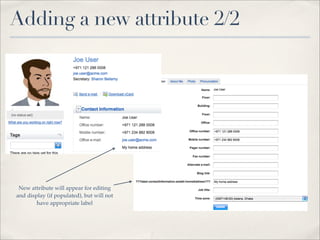 Adding a new attribute 2/2




 New attribute will appear for editing
and display (if populated), but will not
        have appropriate label
 