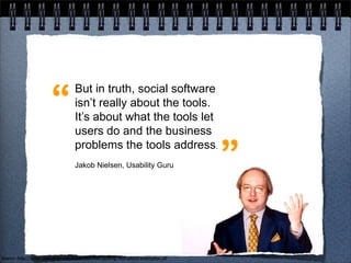 But in truth, social software


                                   users do and the business
                                   problems the tools address.
                                   Jakob Nielsen, Usability Guru




Source: http://www.slideshare.net/marknadsstod/getting-real-about-enterprise-20
 