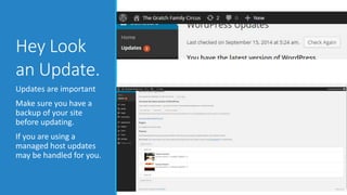 Hey Look 
an Update. 
Updates are important 
Make sure you have a 
backup of your site 
before updating. 
If you are using a 
managed host updates 
may be handled for you. 
 