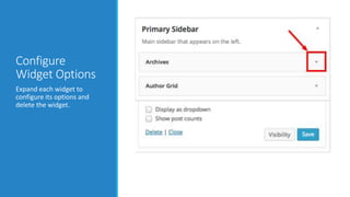 Configure 
Widget Options 
Expand each widget to 
configure its options and 
delete the widget. 
 