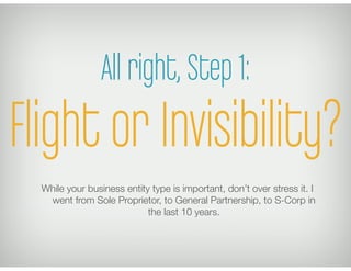 All right, Step 1:
Flight or Invisibility?
  While your business entity type is important, don’t over stress it. I
   went...