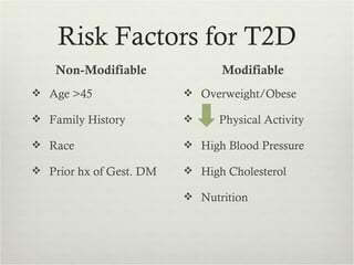 Risk Factors for T2D
    Non-Modifiable             Modifiable
 Age >45                 Overweight/Obese

 Family History              Physical Activity

 Race                    High Blood Pressure

 Prior hx of Gest. DM    High Cholesterol

                          Nutrition
 