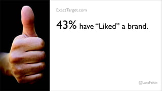 ExactTarget.com


43% have “Liked” a brand.

70% didn’t feel they’d given
the company permission to
market to them.
                        @LaraFeltin
 