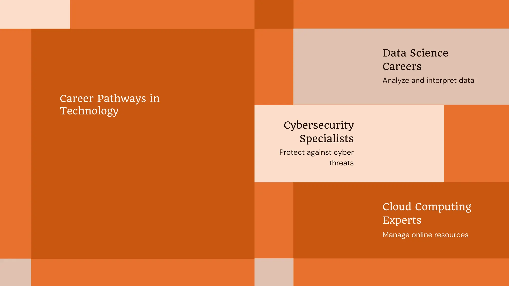 Career Pathways in
Technology
Cybersecurity
Specialists
Protect against cyber
threats
Data Science
Careers
Analyze and interpret data
Cloud Computing
Experts
Manage online resources
 