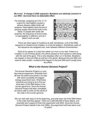 Genome 9


MUTATION: A change in DNA sequence. Mutations are relatively common in
our DNA - but most have no detectable effect.

For example, swapping an A for a T in
   a gene for haemoglobin causes a
   serious disease called sickle cell
anaemia. Haemoglobin does the job of
carrying oxygen around the body in the
    blood. In people with sickle cell
anaemia, the sequence of amino acids
 in haemoglobin is different, and so it
         doesn't work as well.

    There are other types of mutations as well. Sometimes, a bit of the DNA
 sequence is missed out by mistake, or a new bit added in. Sometimes, parts of
    the sequence are swapped over, even between different chromosomes.

    Each of our genes is a copy from either our mum or our dad. If there is a
mutation in one of these genes, this will be passed on from parent to child along
 with the rest of the gene. This is why diseases often run in families. Mutations
can happen in the junk DNA as well as in the genes. Because the junk DNA isn't
used to make protein, mutations that happen in the junk DNA don't usually have
                                     any effect.

                  What is the Human Genome Project?

 The Human Genome Project is a very
big science experiment. Scientists from
all over the world have joined in to help
    with what is probably the biggest
 biology experiment ever. What these
  scientists are trying to do is find out
   what each of the DNA letters in the
  human genome is. Once the Human
 Genome Project has been completed
we will be able to write out the whole of
     the code in the human genome.


We can start with (say) G at the beginning, and write down all of the DNA letters
 in the order that they appear. There are 3,200,000,000 of these letters, and
 scientists don't expect to finish this experiment until 2003. Since the Human
Genome Project started in the mid-1980s, this experiment will have taken over
                                     15 years!
 