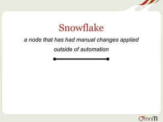 Snowflake
a node that has had manual changes applied
outside of automation
 