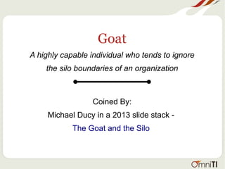 Goat
A highly capable individual who tends to ignore
the silo boundaries of an organization
Coined By:
Michael Ducy in a 2013 slide stack -
The Goat and the Silo
 